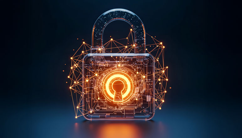 High-tech cybersecurity illustration featuring a glowing padlock on a circuit board, symbolizing data protection, secure networks, and digital risk management.